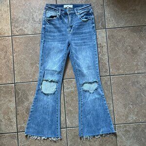 Risen Jeans High Waist Distressed Flare Leg Raw Hem Blue Stretch Denim Size 1